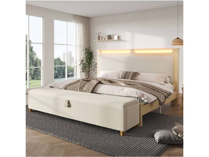 COVREO Lit double 160x200 cm avec matelas inclus LED tête de lit rangement et banquette coffre beige