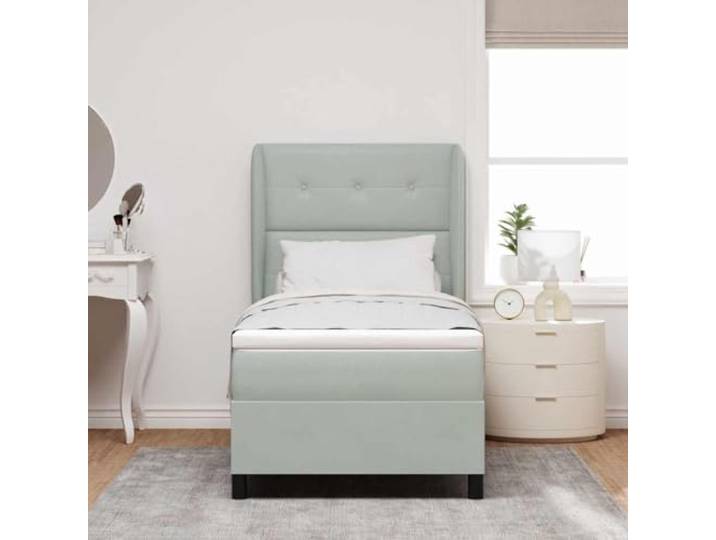 KTHLBRH Boxspringbett mit Kopfteil hellgrau 200x80 cm Samt Kopfteil in 2 Höhen verstellbar, mittlere Matratze mit Taschenfedern, Rahmen aus Kiefernholz, einfache Montage