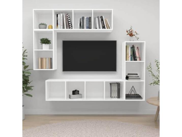 4-tlg. TV-Schrank-Set Weiß Holzwerkstoff Wandmontage Stauraum Organizer