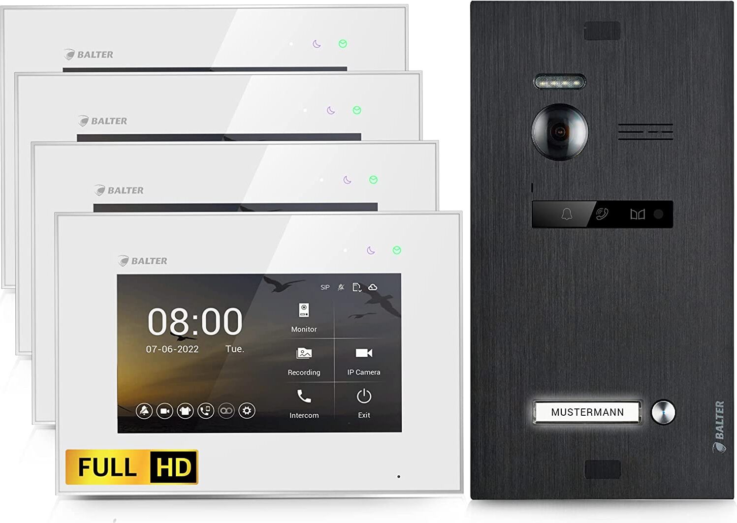 HD Video Türsprechanlage für 1 Familienhaus, 4x Monitore, Balter EVO HD Schwarz