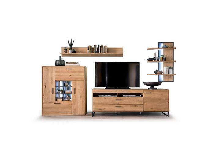 Livetastic Wohnwand Gaborone, Eiche, Metall, Asteiche, furniert, massiv, 3 Fächer, 3 Schublade(n) Schubladen, 338x204x50 cm, Made in EU, Beimöbel erhältlich, Wohnzimmer, Wohnwände, Anbauwände