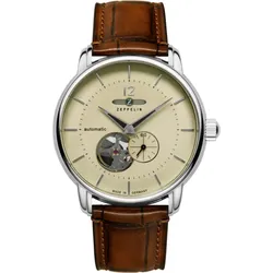 Zeppelin Herrenuhr 81661 - Beiges Ziffernblatt mit silbernen Zahlen/Indices,Leuchtzeigern,braun,braune Naht - 40mm