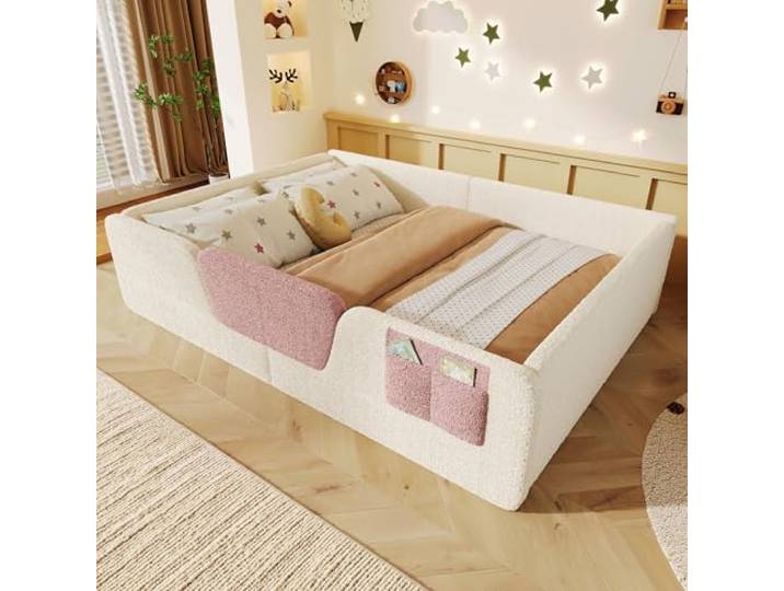 Bellemave Kinderbett 140x190 cm, Polsterbett mit Schutzgittern, Samt Beige Abnehmbare Seitenelemente, integrierte Aufbewahrungstasche, niedrige Bauhöhe, einfache Montage, belastbar bis 220 kg
