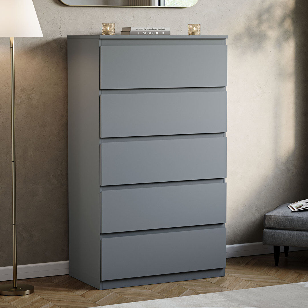 17 Stories Cunha 70 cm W Chest of 5 Drawers Grey 117cm H X 70cm W X 40cm D
