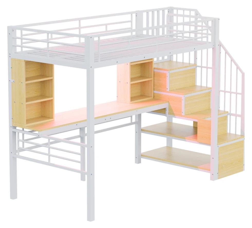 Hochbett - 90 × 200 cm - Regal und Schreibtisch - Steckdose und LED-Beleuchtung - Stauraumtreppe, Links/Rechts Montierbar - MDF und Metall - Weiß