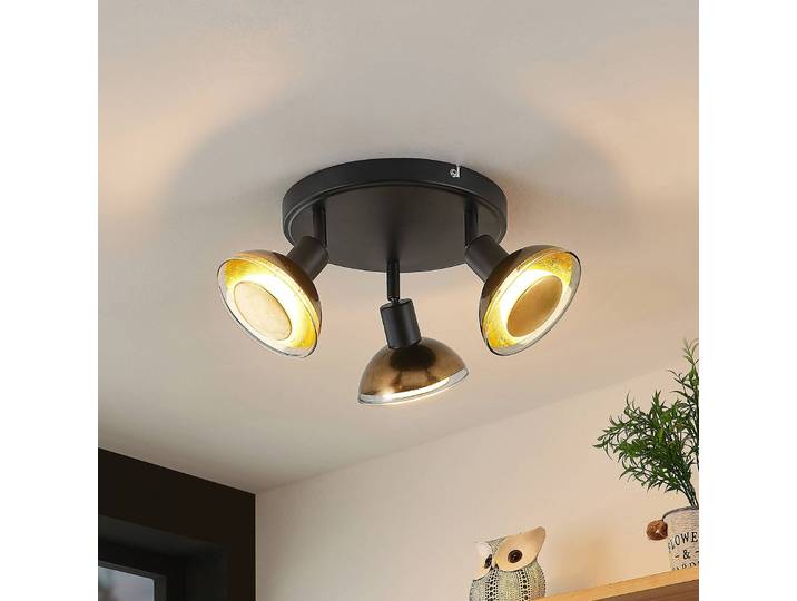 Lindby Deckenstrahler Erin, schwarz/gold, Ø 22 cm, Glas Erin, schwarz, für Wohn- / Esszimmer, Metall, Strahler