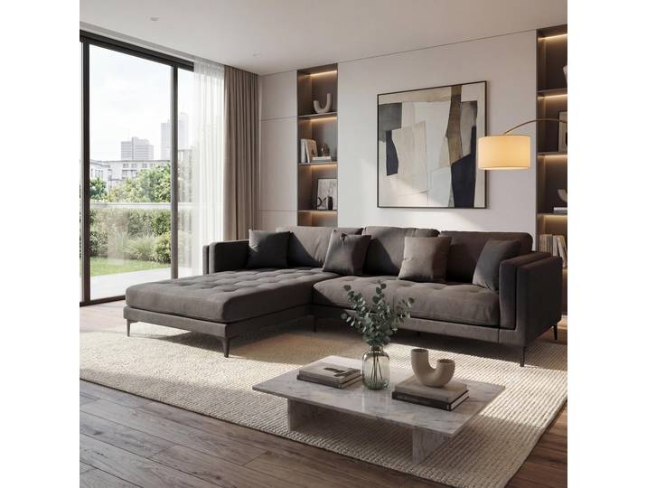 Sofa-Garnitur HWC-M27, Couch Ecksofa L-Form, Liegefläche links/rechts, Massiv-Holz Stoff/Textil 293cm Stoff/Textil dunkelgrau