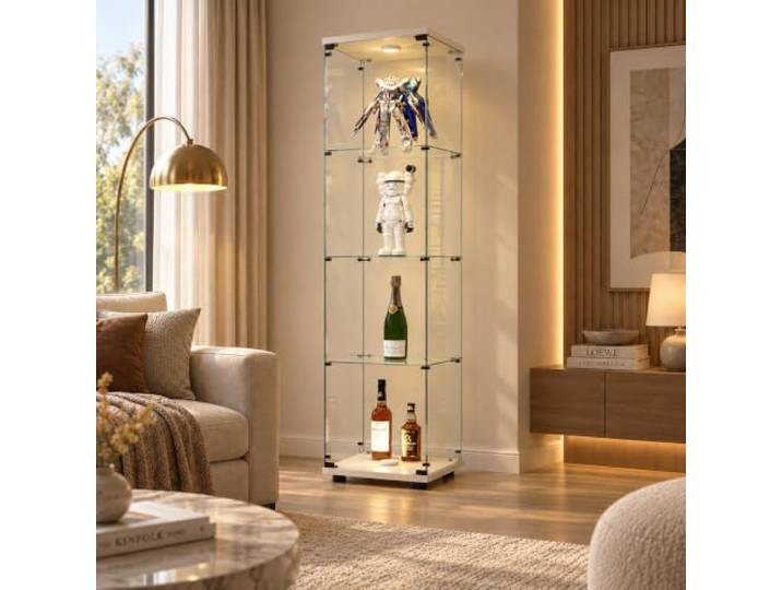 JiaOyu Glasvitrine Stehend, Vitrinenschrank mit LED Beleuchtung und Glastüren,4-Lagen Glasvitrine Staubdicht, Standvitrine Glasschrank für Wohnzimmer Schlafzimmer Büro