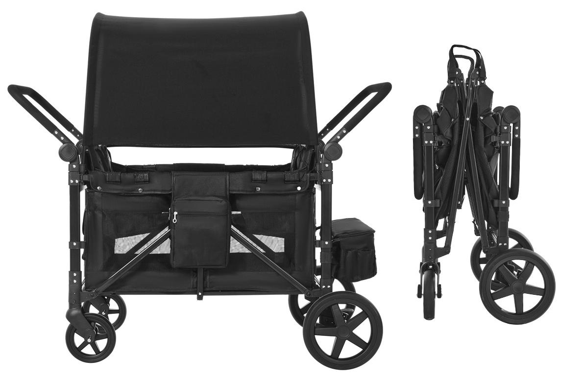 4-Sitzer-Kinderwagen, faltbarer Push-Pull-Kinderbuggy mit verstellbarem Griff, 5-Punkt-Sicherheitsgurt & abnehmbarem Verdeck, Bollerwagen für Camping, Schwarz (150 kg Tragkraft)