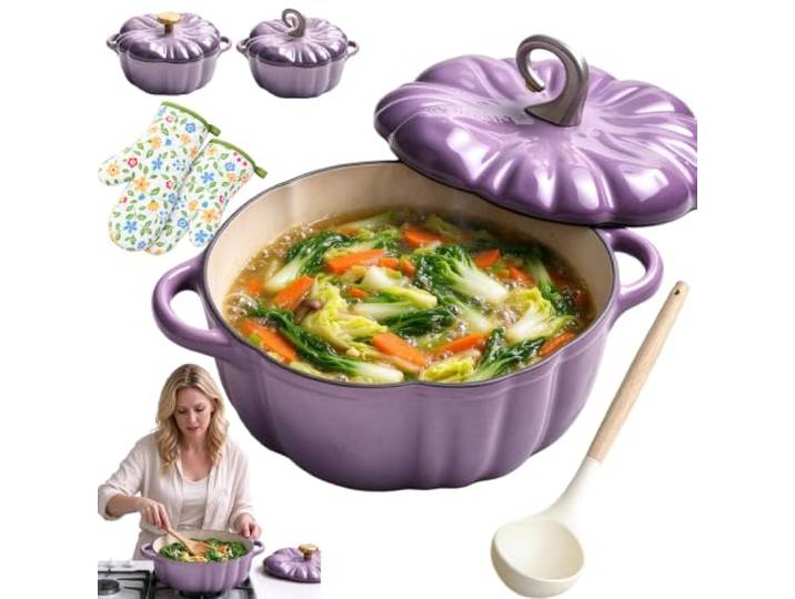 2026 Neu Kürbis Gusseisen Topf Halloween Emaille Topf mit Deckel (25cm-B) Backofengeeignet bis 260°C, Heavy Lid Seals Moisture, Easy Clean, für Suppen und Eintöpfe, Emailliertes Gusseisen Topf