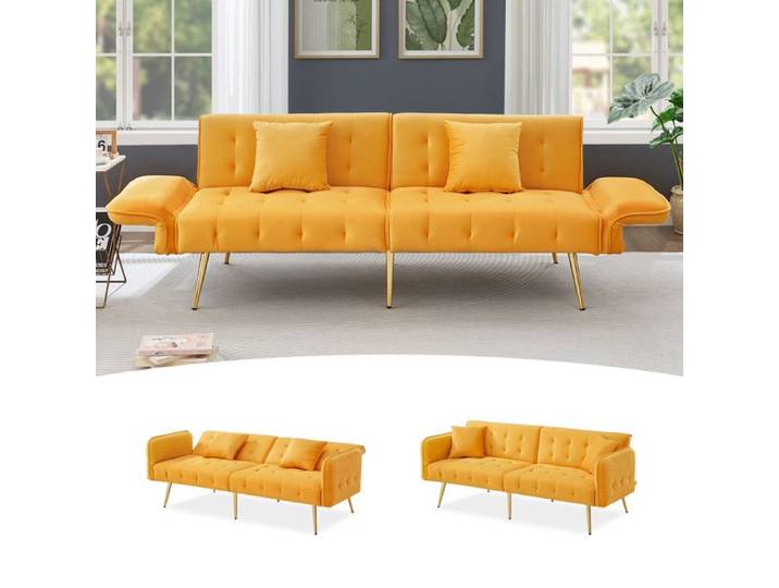 Canapé Lit - Convertible 2 Places - Velours Jaune - Dossier et Accoudoirs Réglables - Design Contemporain