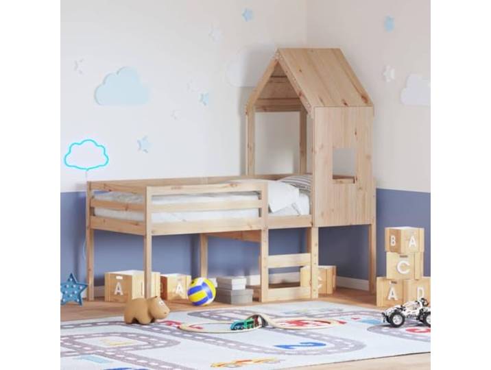 RJPLMFV Hochbett, 80 x 200 cm, massives Kiefernholz, ohne Matratze Mit integrierter Leiter, Sicherheitsgeländer, Dach mit Seitentür, ideal für kleine Zimmer