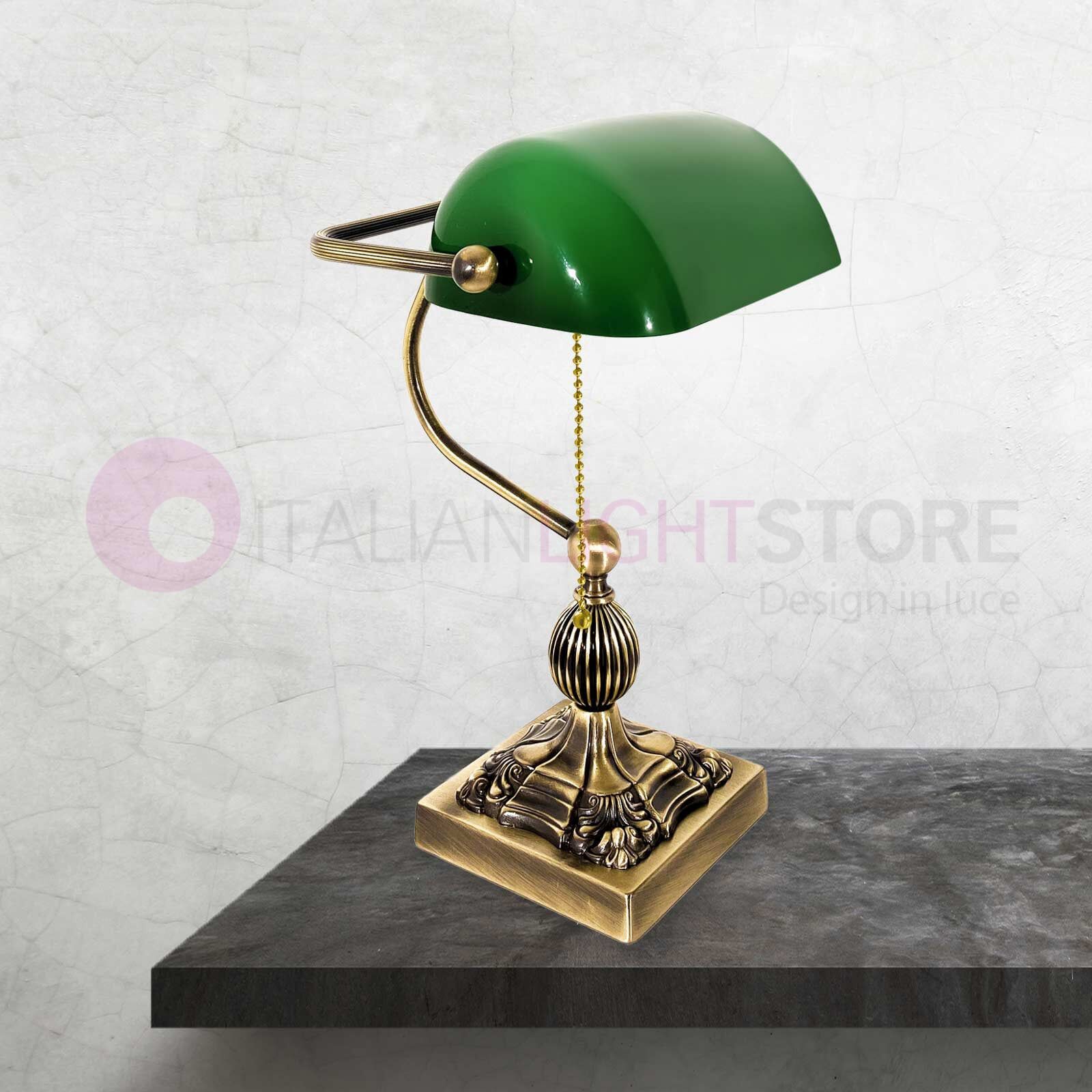 Ministeriale Lampada Classica Da Scrivania In Ottone Satinato Con Vetro Verde