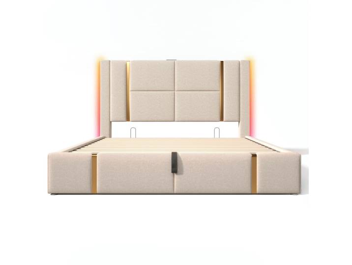 Lit capitonné beige avec éclairage LED intégré