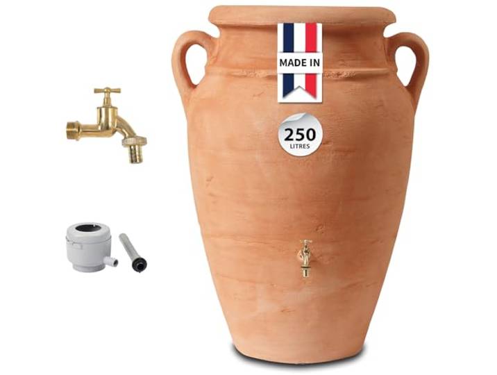 GARANTIA Amphore Antik Recuperateur d Eau de Pluie Kit 250L Terracotta Robinet Laiton\, bac à Plantes\, collecteur Eco de Luxe Gris