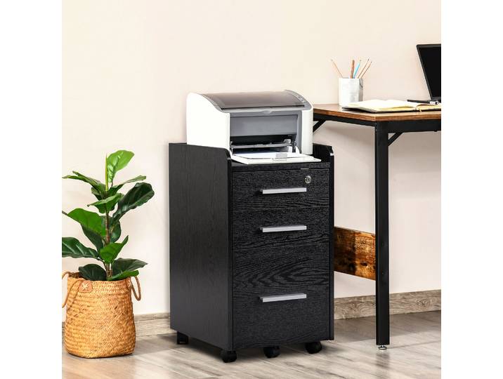 HOMCOM Caisson Bureau 3 Tiroirs Verrouillable Bois Noir Roulettes
