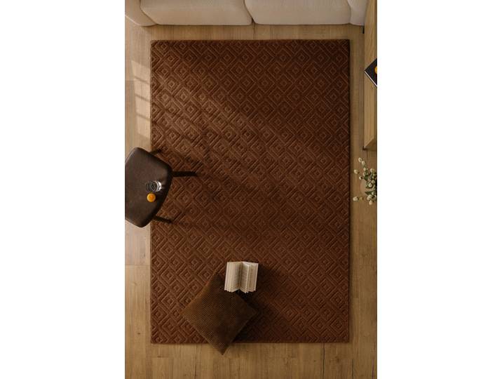 Teppich WECON HOME Castello TWO , braun, B:200cm H:7mm L:300cm, Schurwolle, Teppiche, Teppich, Schurwolle, Kurzflor mit Hoch-Tief-Effekt, Wohnzimmer, Rautenmuster