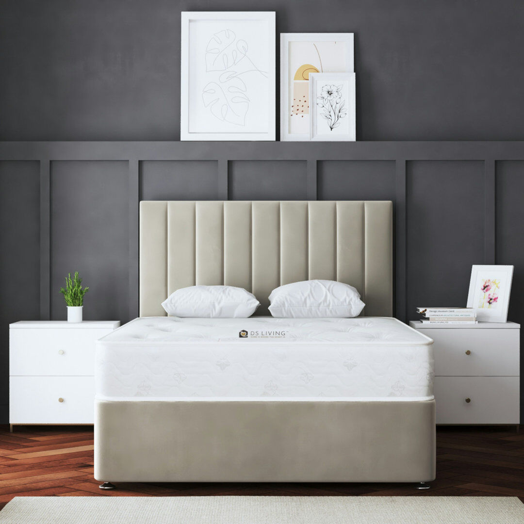 DS Living Upholstered Panel Divan Bed with Headboard Champagne Cream Kingsize (5')