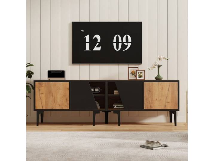 Meuble TV 160x36 5x45 cm EVRYAE - 4 compartiments et 7 pieds de support rangement optimisé - Bois naturel et noir