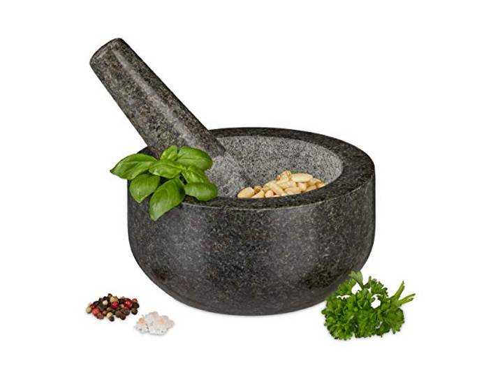 Relaxdays Mortier en Granit avec Pilon\, Robuste\, pour épices\, Herbes\, mortier en Pierre polie\, d. 16 cm\, 400 ML\, Gris