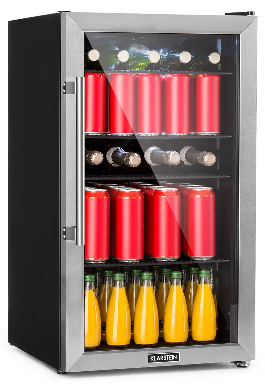 Klarstein Mini Kühlschrank mit Glastür, Mini-Kühlschrank für Zimmer, Getränkekühlschrank Klein mit Verstellbaren Ablagen, Kleiner Kühlschrank 98 Liter, Indoor/Outdoor Kühlschrank Leise