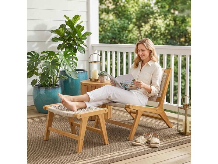 Outsunny Fauteuil Lounge Extérieur 2pcs Acacia FSC Rattan Bohème