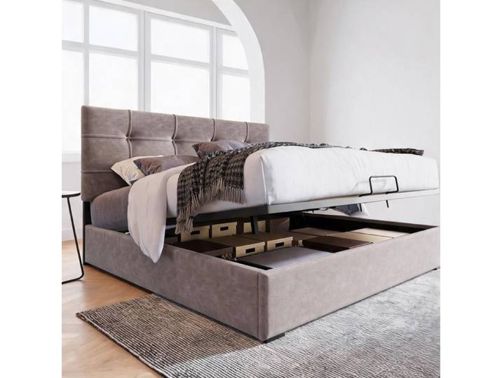 Lit 2 places pour chambre adulte - Lit tapissier 140x200 cm avec rangement en velours cool gray