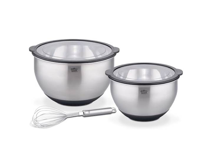 GSW Servierschüsselset Primo, Hochwertige Edelstahl Rühr- & Salatschüsseln mit Schneebesen, luftdichtem Deckel, Küchenschüssel & Servierschale, 20cm/24cm, Silber