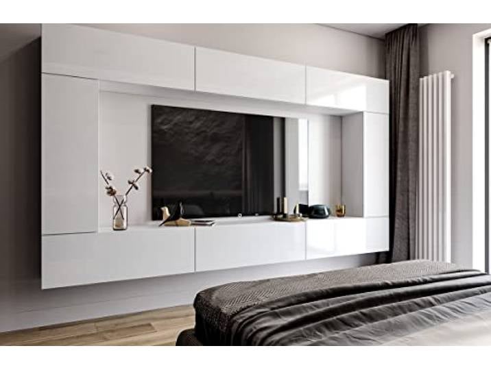 BROMARKT Premium Wohnwand Wohnzimmer Set 8 Teile - Wohnzimmer Schrank - Wohnzimmer Möbel mit Wandschrank - Wohnwand Modern - Wohnzimmerschrank Komplett Möbel - Hochglanz Weiß