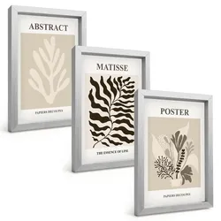 BILDER SET 3er Set - 20x30 cm Silberner Rahmen - Beige-braune Pflanzenmuster