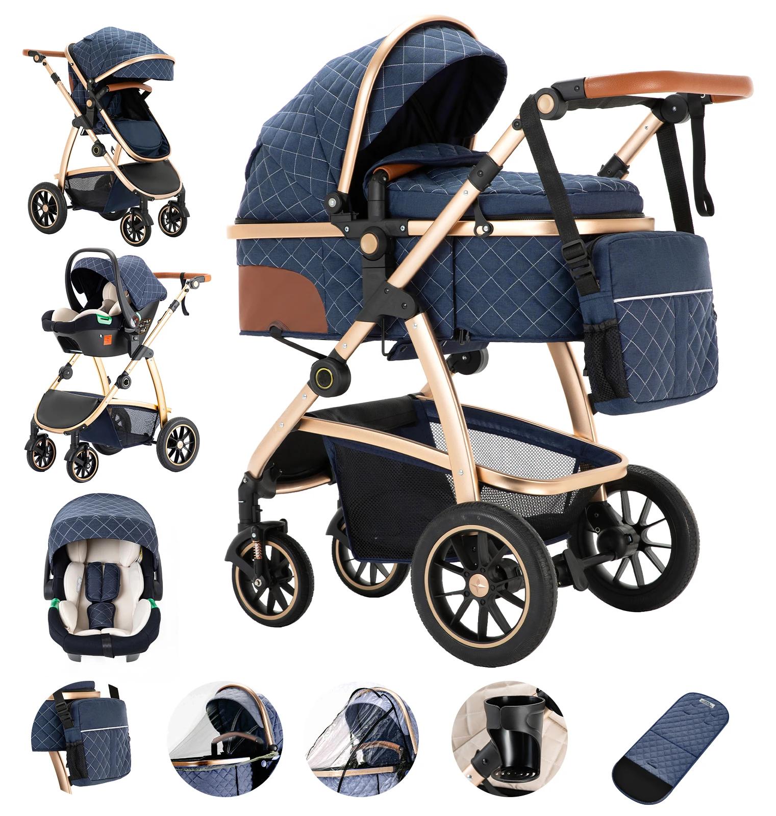 3-in-1 Kinderwagen - Reisebuggy - Höhenverstellbarer Schieber - Klappbarer Aluminiumrahmen - Mit Moskitonetz - Bis 20 kg - Blau