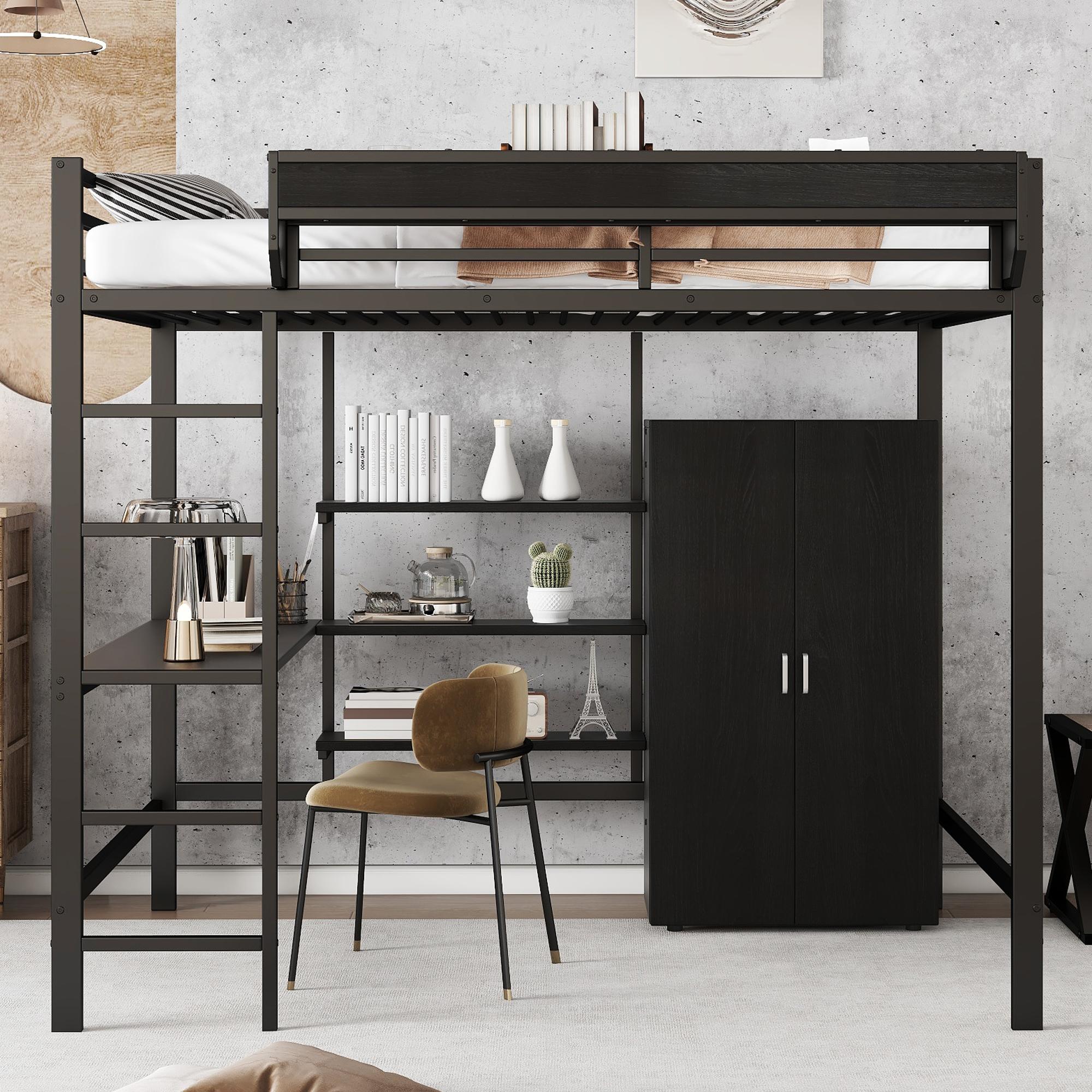 Eisenbett, Hochbett, Doppelstöckiger Stauraum unter dem Schreibtisch, Oberes Bett mit Stauraum, Mit Kleiderschrank, Eisen + MDF, Schwarz, 140x200cm