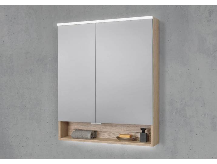 Spiegelschrank 70 cm mit offenem Fach integrierte MULTI Light LED Beleuchtung Doppelspiegeltüren