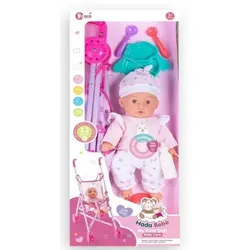 Spielpuppe mit Puppenwagen und Zubehör – 35 cm, mit weißer Mütze