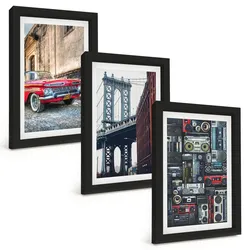 BILDER SET 3er Set - 20x30 cm Schwarzer Rahmen - Alte Autobrücke Brooklyn Retro-Audio