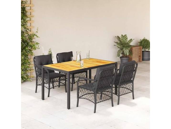 HEFZGDB 5-TLG. Garten-Essgruppe mit Kissen Schwarz Poly Rattan, Outdoor Esstischgruppe mit Akazienholz Tischplatte und abnehmbaren Bezügen, wetterbeständige Terrassenmöbel für Garten