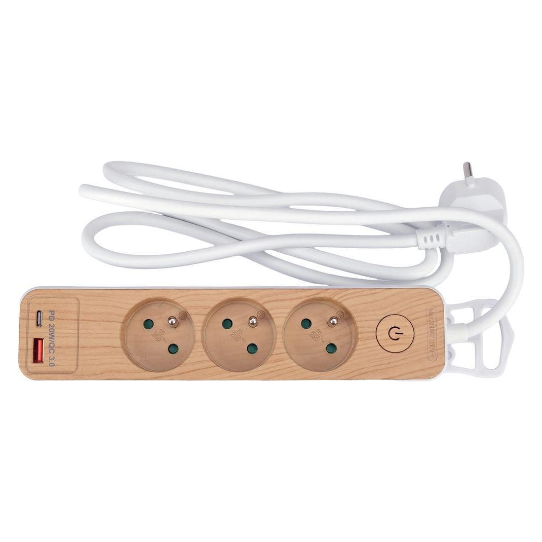 Sthor VERLÄNGERUNGSKABEL MIT USB, HOLZ, 3G, Z/U, 1,4 m (USB) (T72343)