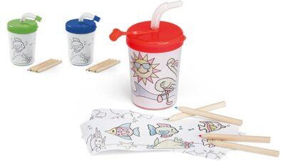 Bicchiere colorabile 200ml con cannuccia e matite in scatola regalo Personalizzate o neutre