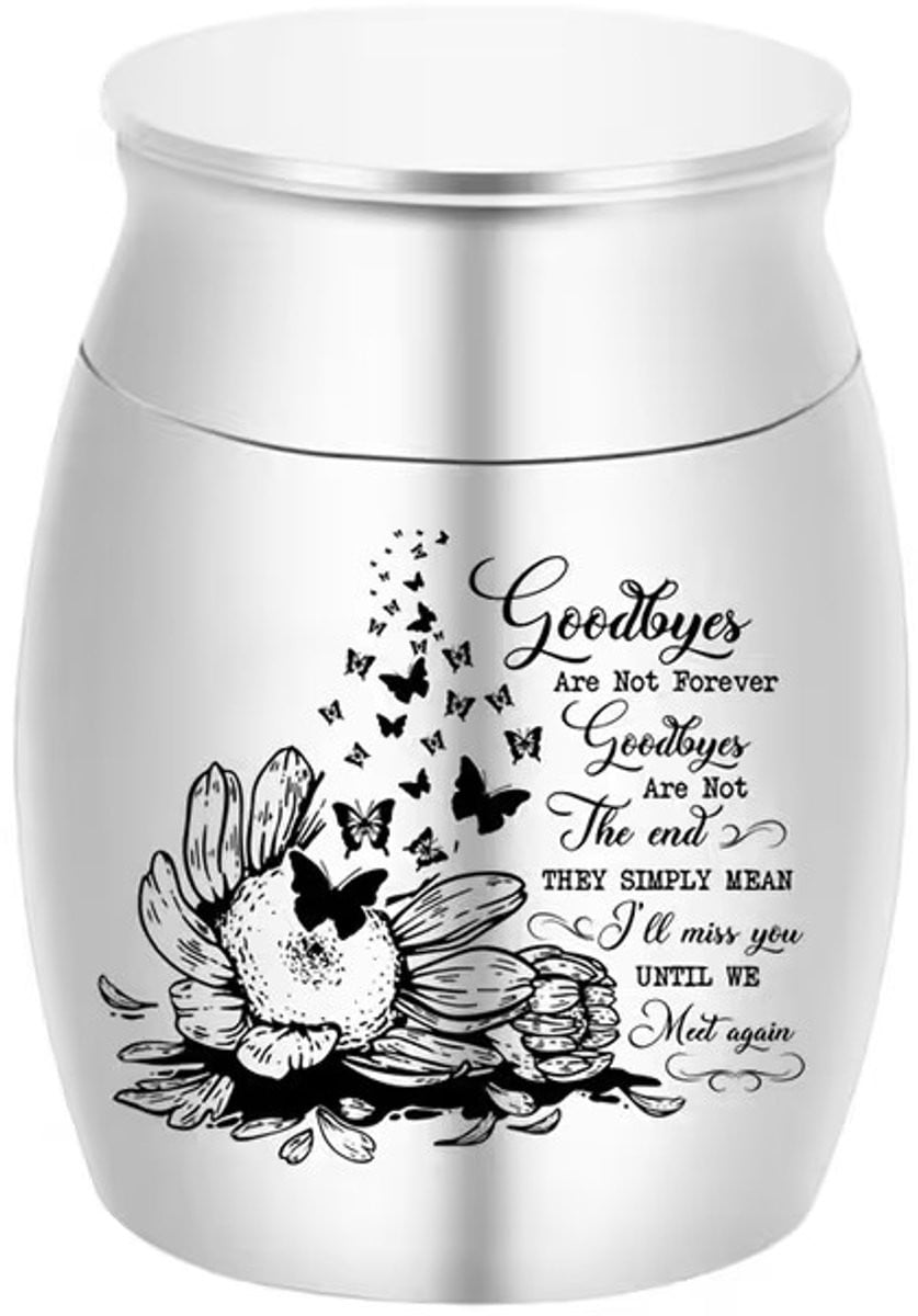 Mini urn met bloem en vlinders in zilverkleurig metaal
