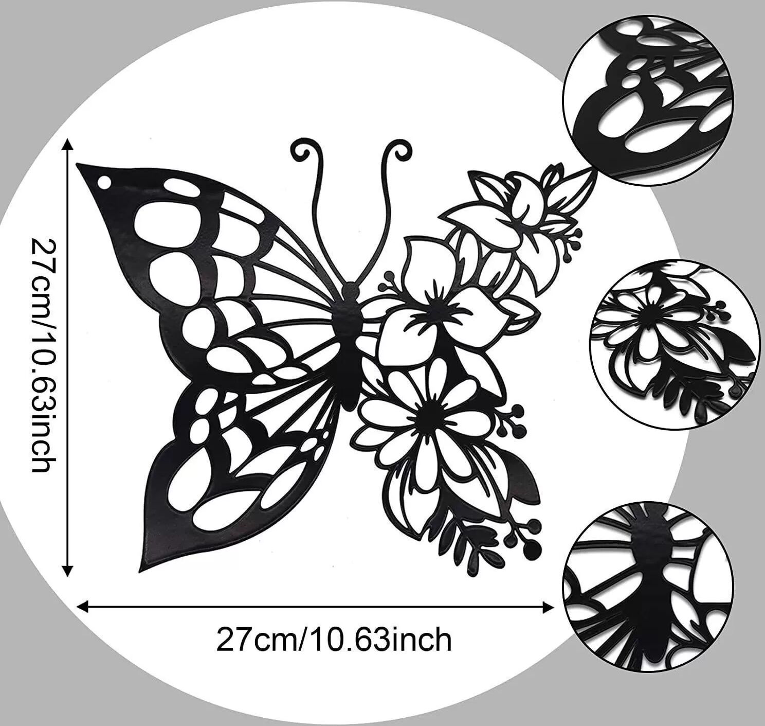 INF Décoration murale papillon en métal - Silhouette noire élégante, 27x27cm
