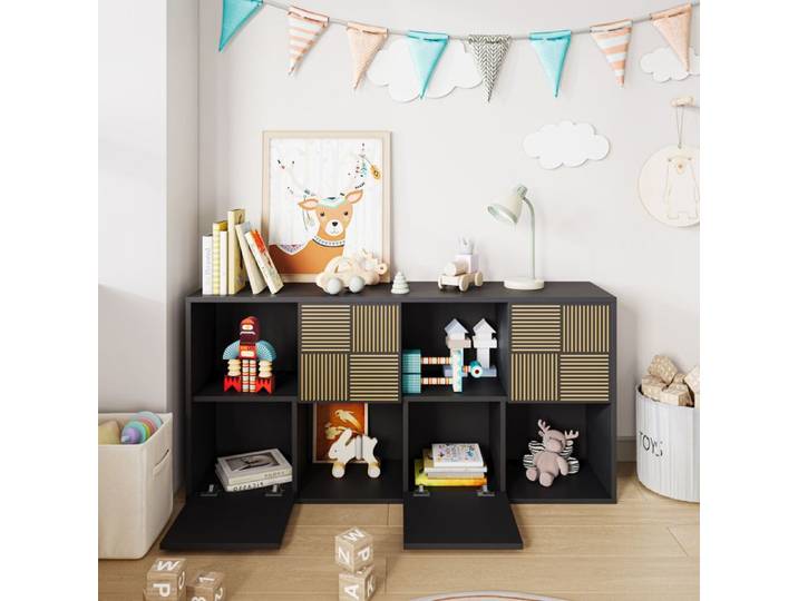 Bibliothèque à 8 compartiments étagère ouverte avec 4 portes étagère décorative pour salon chambre à coucher noir