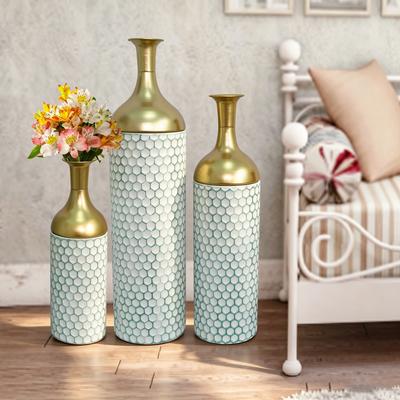 Kodotan sofa Decorative Metal Vases Set of 3, Gold Leaf Pattern Floor Vases, White & Gold Tall Vases for Home Decor, Living Room Entryway