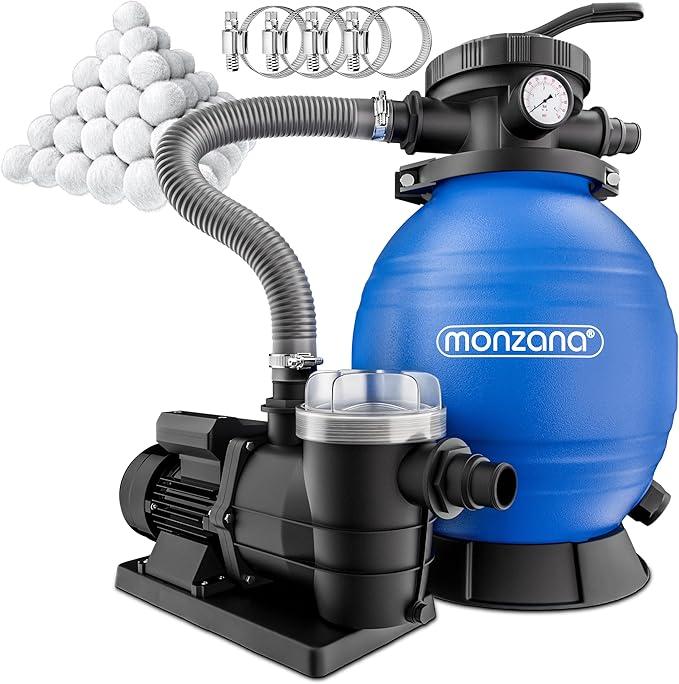 Sandfilteranlage SF96K 9.600L/h bis 30.000L Pool inkl Filterbällen 7 Wege Ventil 2in1 Adapter ?32-38mm 400W Filteranlage Pumpe Filterkessel