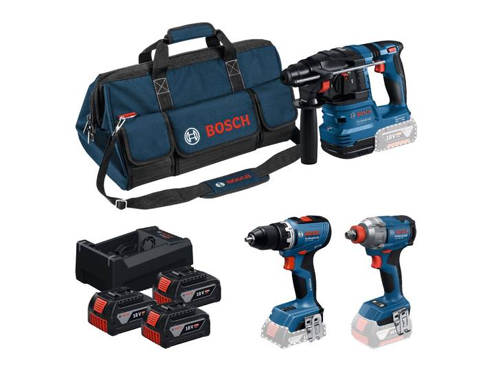 Akku-Bohrschrauber BOSCH PROFESSIONAL Combo Kit 18V Profi-Set , blau, Bohrmaschinen, Akku-Bohrschrauber, inkl. Drehschlagschrauber, Bohrhammer, 3 Akkus, Lagegerät und Tasche