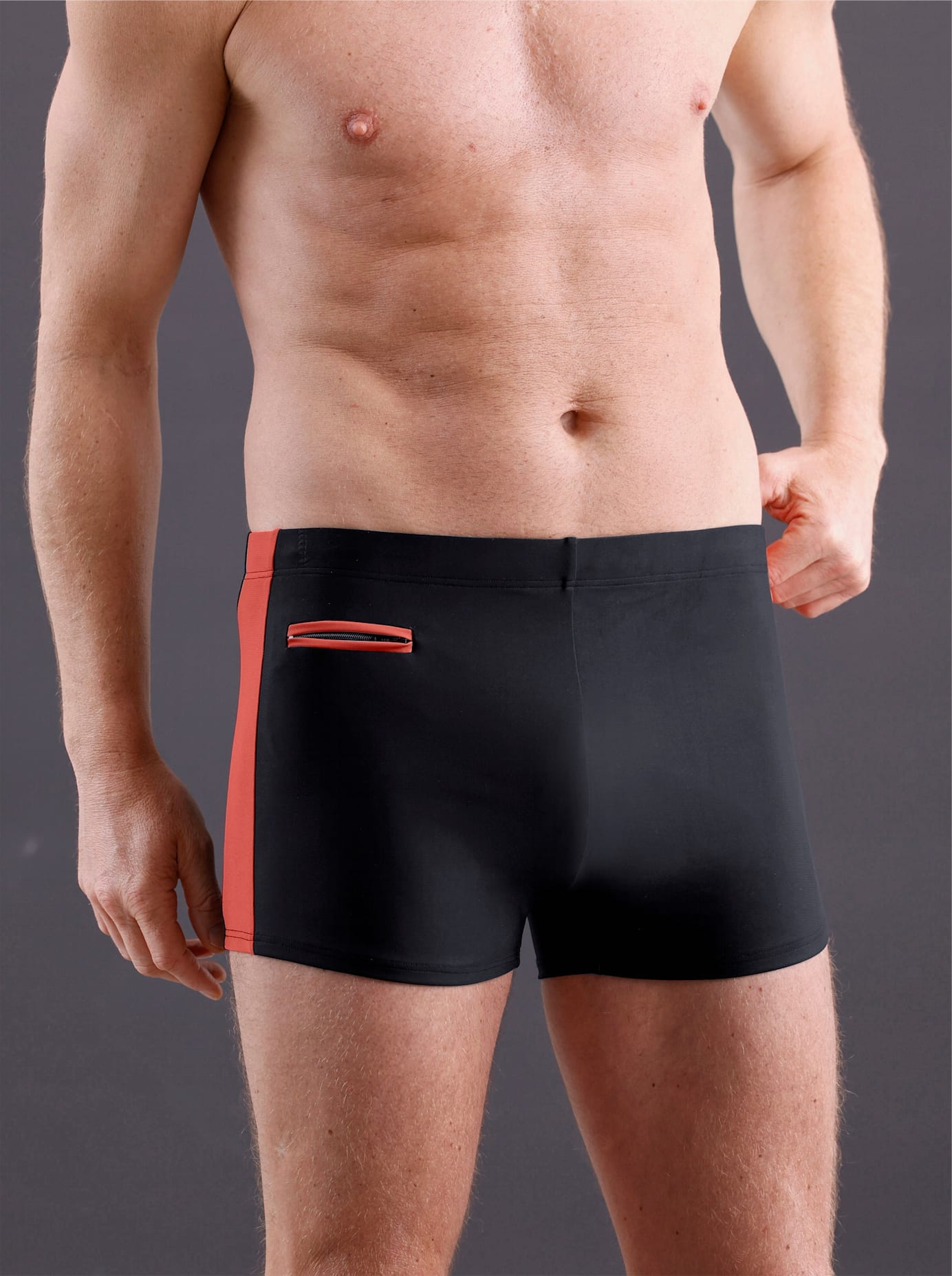 Badehose FEEL GOOD, Herren, Gr. 6, Normalgrößen, orange (schwarz, terra), Polyamid, Badehosen Badehose
