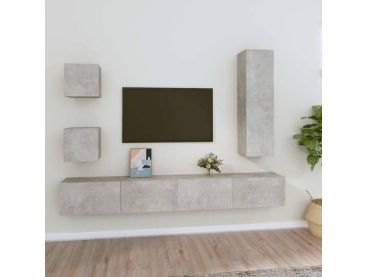 HEFZGDB 5-TLG. TV-Schrank-Set Betongrau Holzwerkstoff mit Wandmontage und reichlich Stauraum für Wohnzimmer Möbel