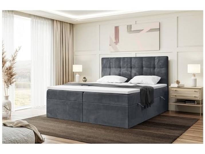MEBLINI Boxspringbett mit Bettkasten - 160x200 - Gepolstert Doppelbett mit Matratze und Topper - Polsterbett mit Stauraum - Bett mit Kopfteil - Kai - H3/Dunkelgrau Samt