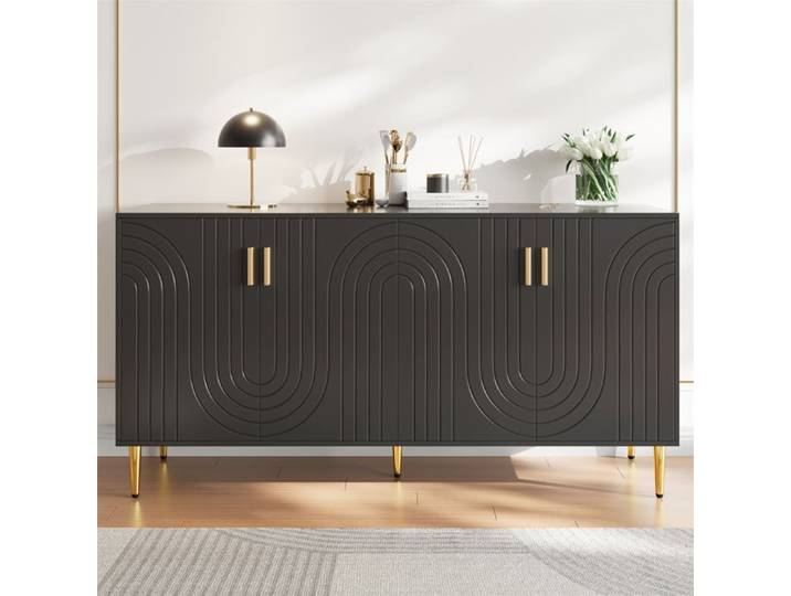 Buffet Cuisine Noir avec 4 Portes Buffet Bas Salle a Manger Design Unique en Vagues Poignées et Pieds Dorés 152 x 40 x 75 cm