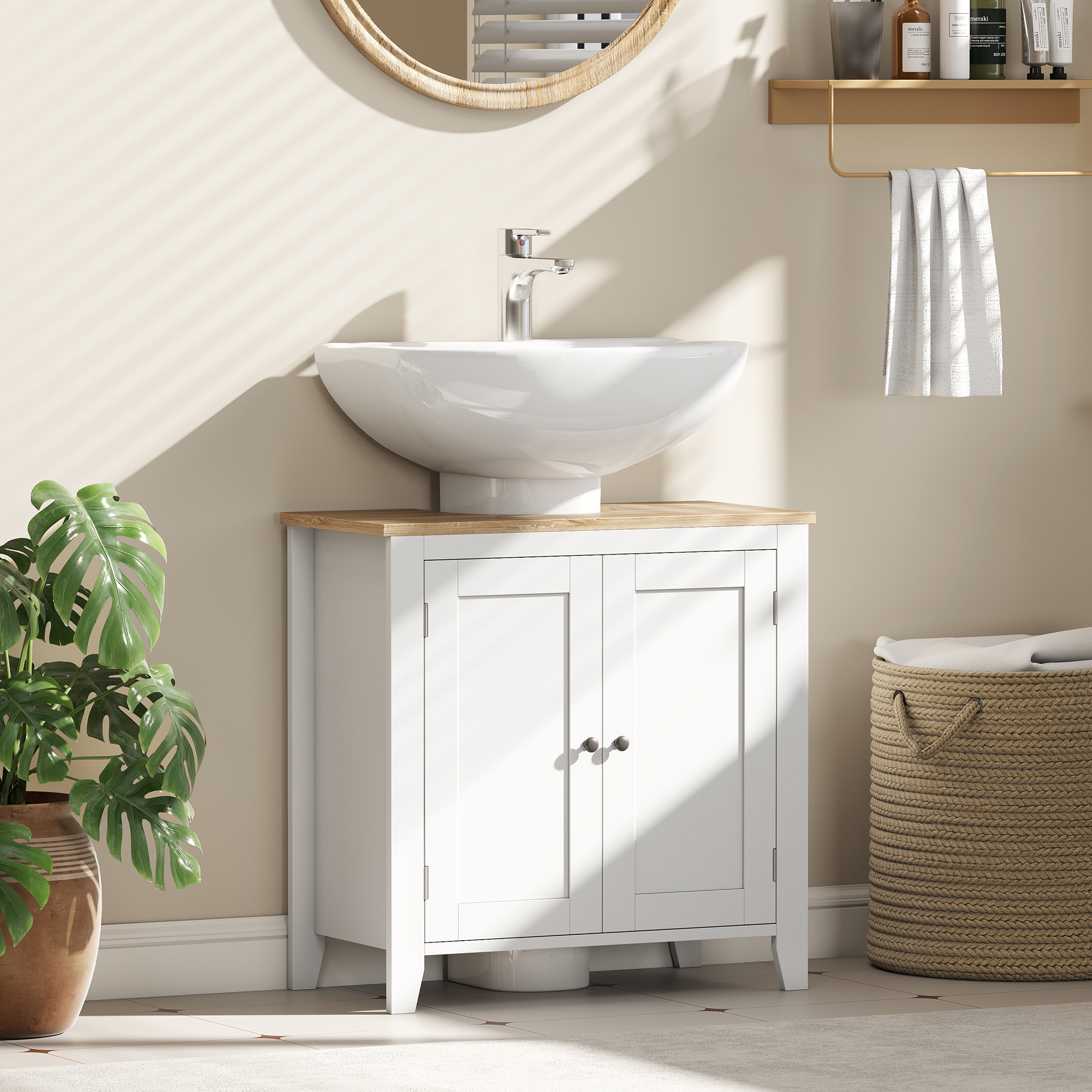 Kleankin Mobile Sottolavabo Bagno a U con Ripiano Regolabile Interno, in MDF, 60x30x60 cm, Bianco e color Legno Aosom