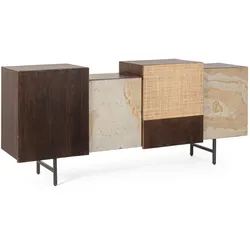 Sideboard Kinbik aus Mangoholz, Retro Chic Design, braun, Naturstein und Rattan, 180 cm